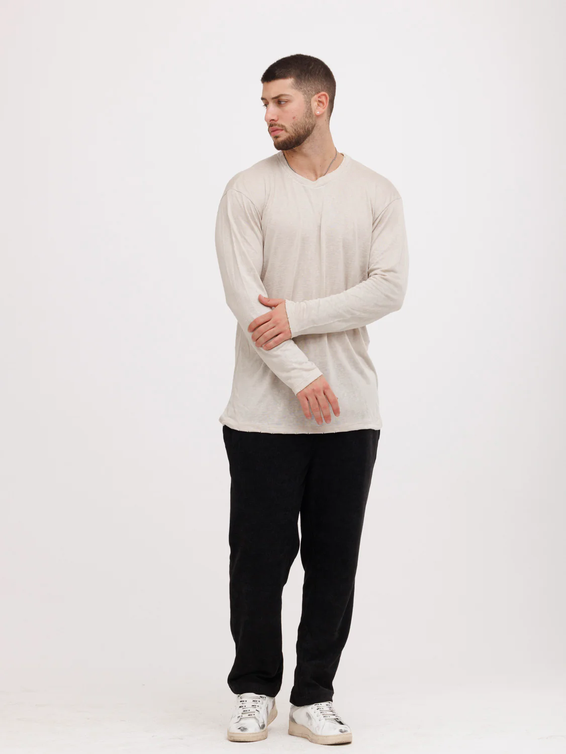 CREW Milano Linen Long Sleeve T-Shirt Beige - Image 3