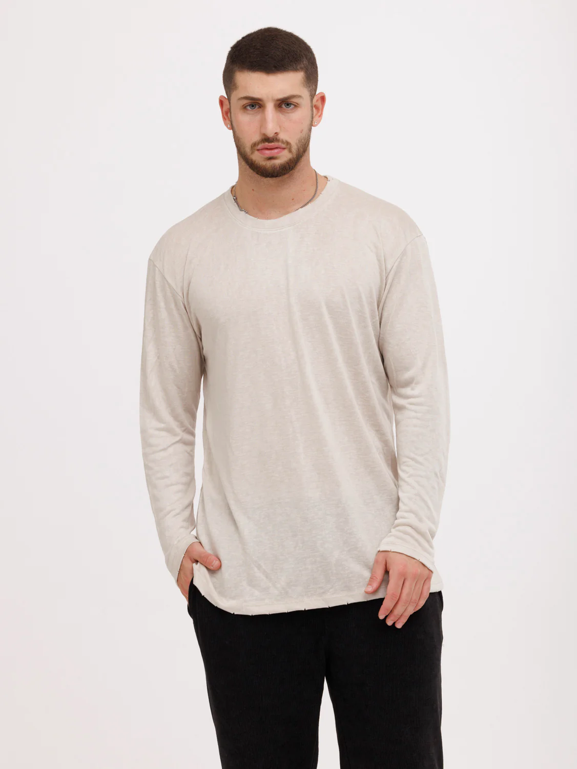 CREW Milano Linen Long Sleeve T-Shirt Beige - Image 4