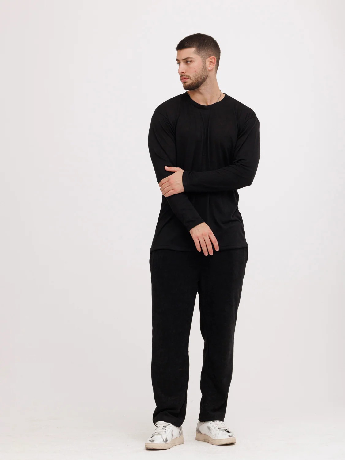 CREW Milano Linen Long Sleeve T-Shirt Black - Image 3