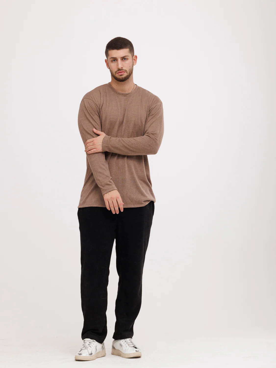 CREW Milano Linen Long Sleeve T-Shirt Brown - Image 3
