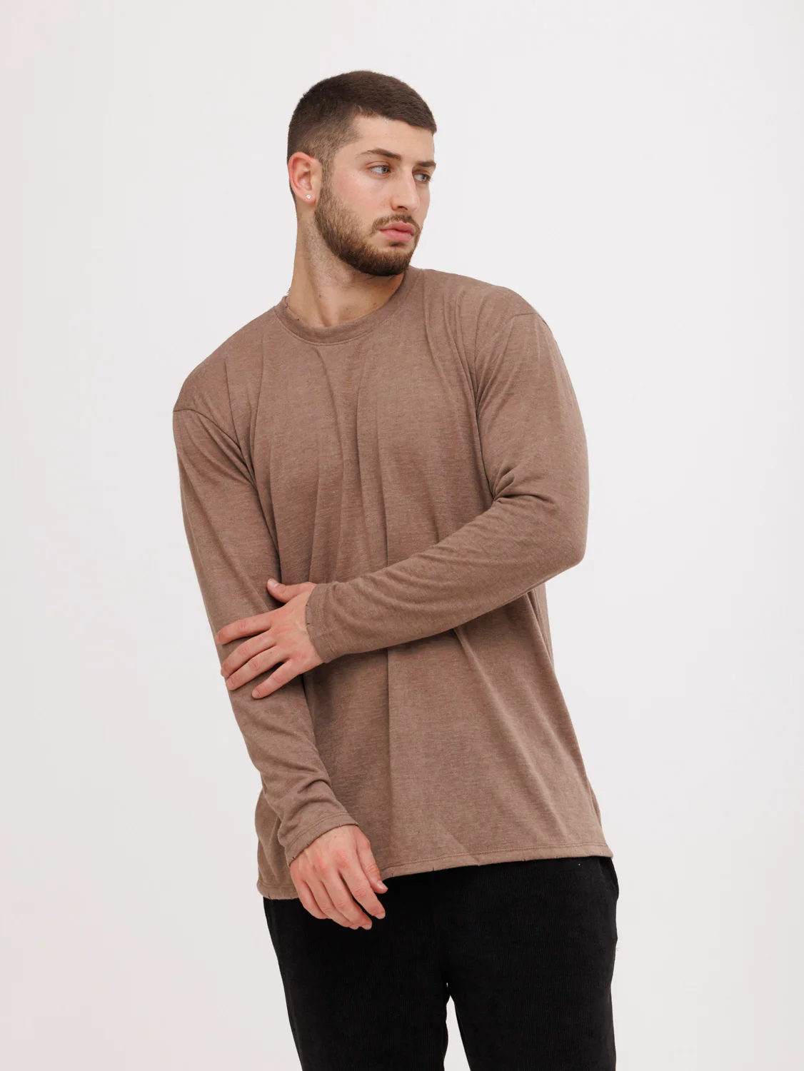 CREW Milano Linen Long Sleeve T-Shirt Brown - Image 4