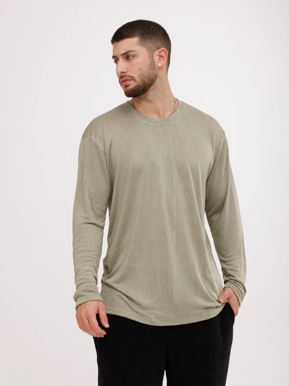 CREW Milano Linen Long Sleeve T-Shirt Green - Image 3