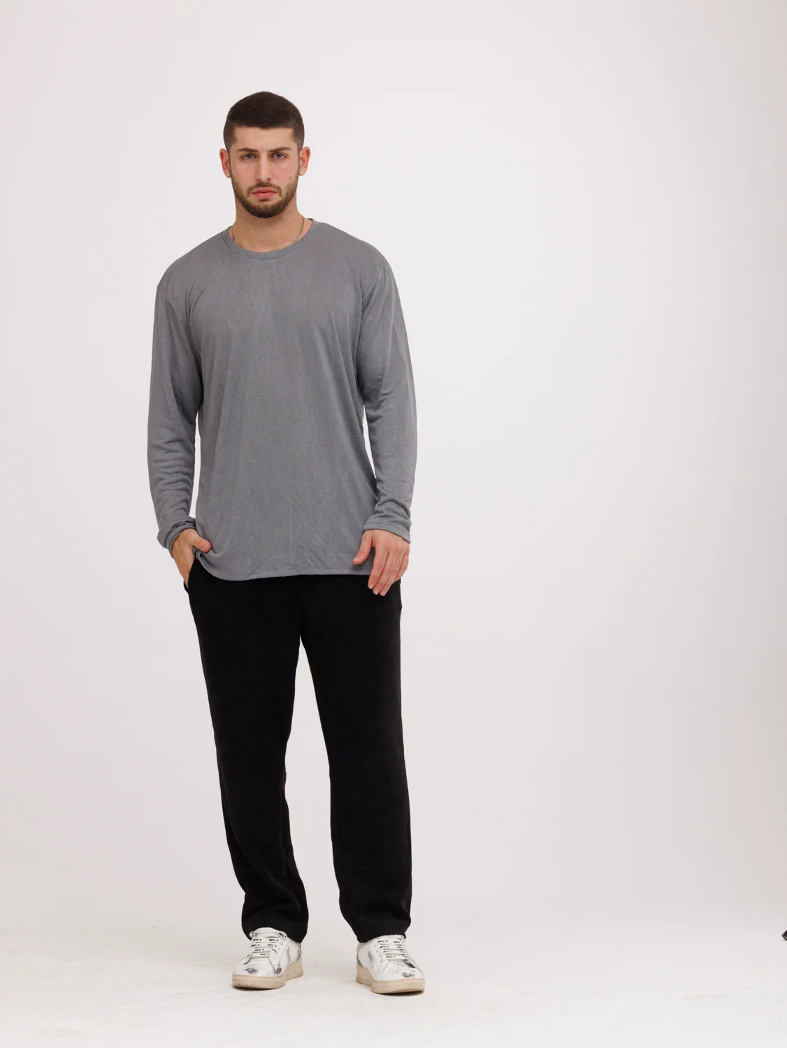 CREW Milano Linen Long Sleeve T-Shirt Grey - Image 2