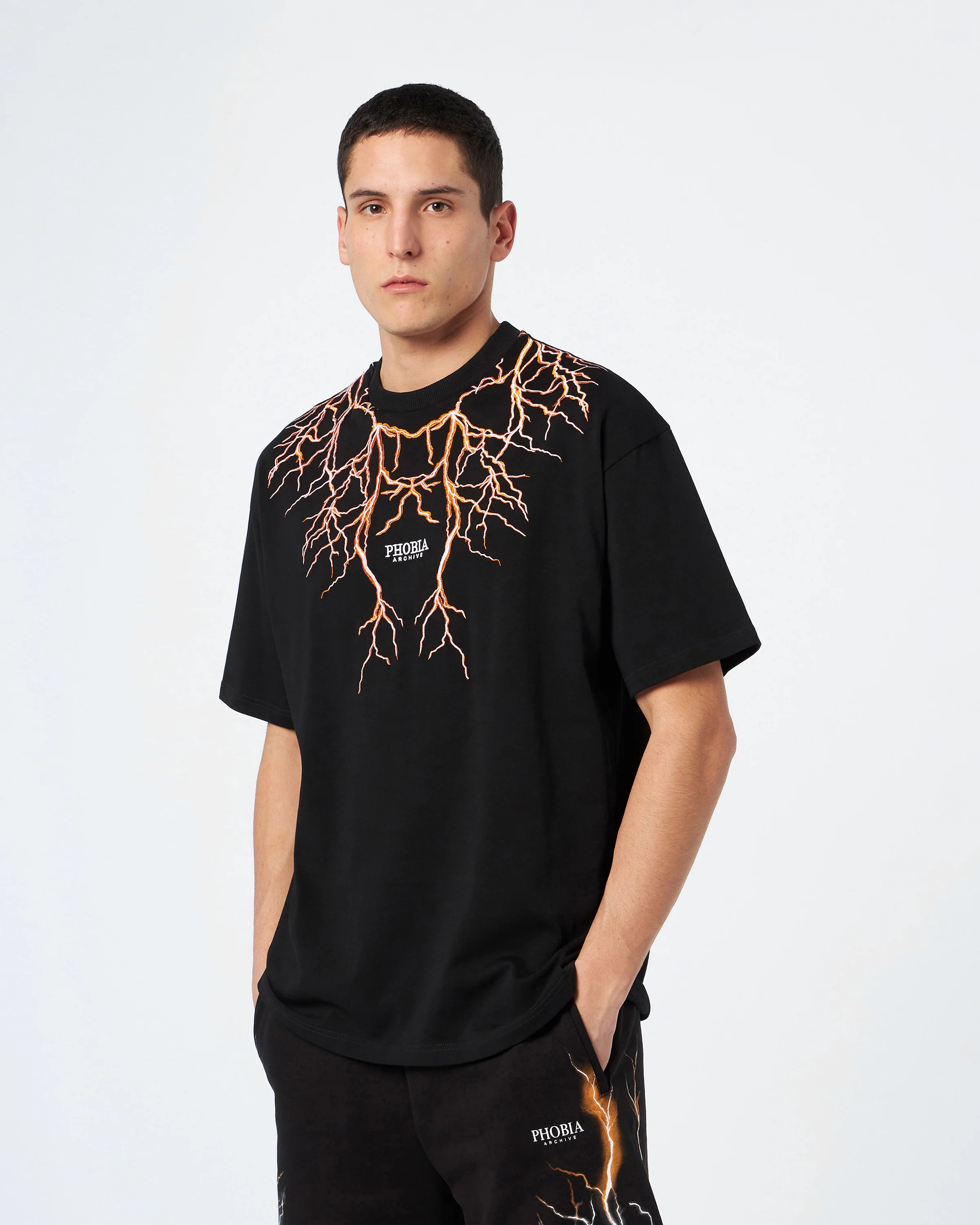 PHOBIA BLACK T-SHIRT WITH ORANGE EMBROIDERY LIGHTNING - Image 3